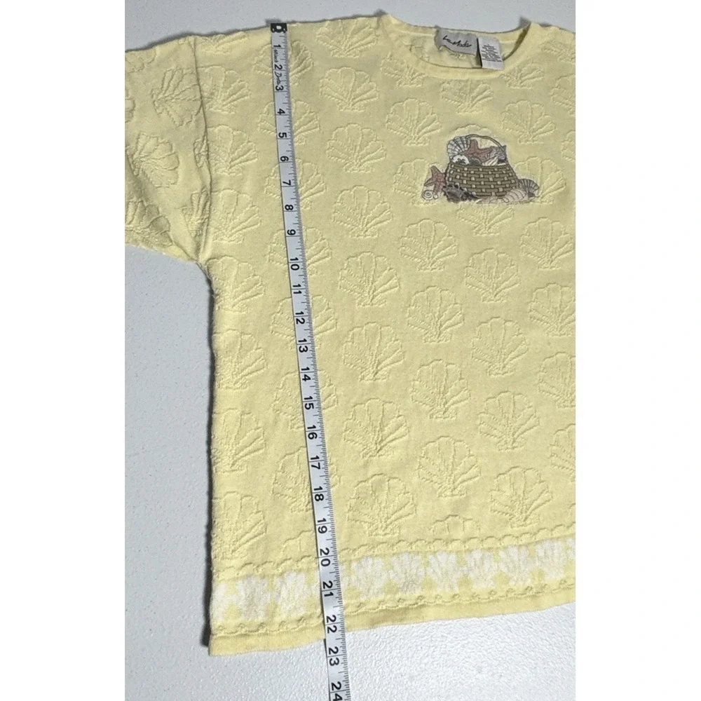 Vintage La Moda Cotton Ramie Textured Shell Motif Knit SS Sweater Yellow Sz L
